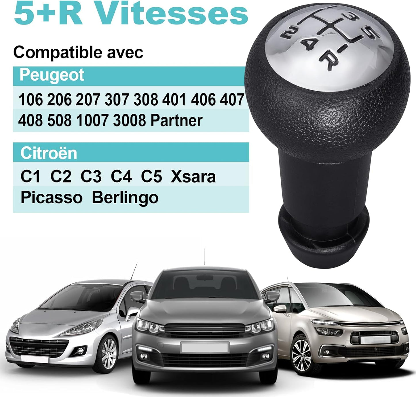 Pommeau De Levier De Vitesses Manuel 5 Vitesses Pour Peugeot 106 107 207 301 307 308 407 408 508 3008 1007 / Pour CITROEN C2 C3 C4 Picasso - Noir Et Argent