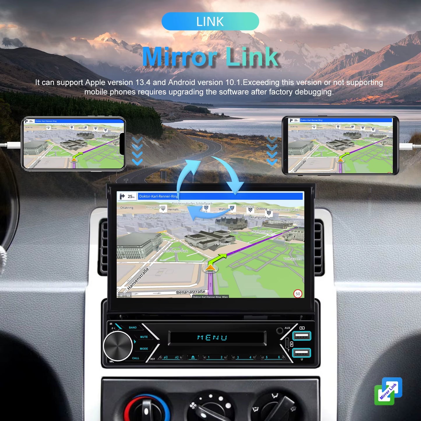 1DIN 7" HD Retractable Touch Screen Universal Car MP5 Player Bluetooth FM Radio Carplay Android Auto Electric Telescopic