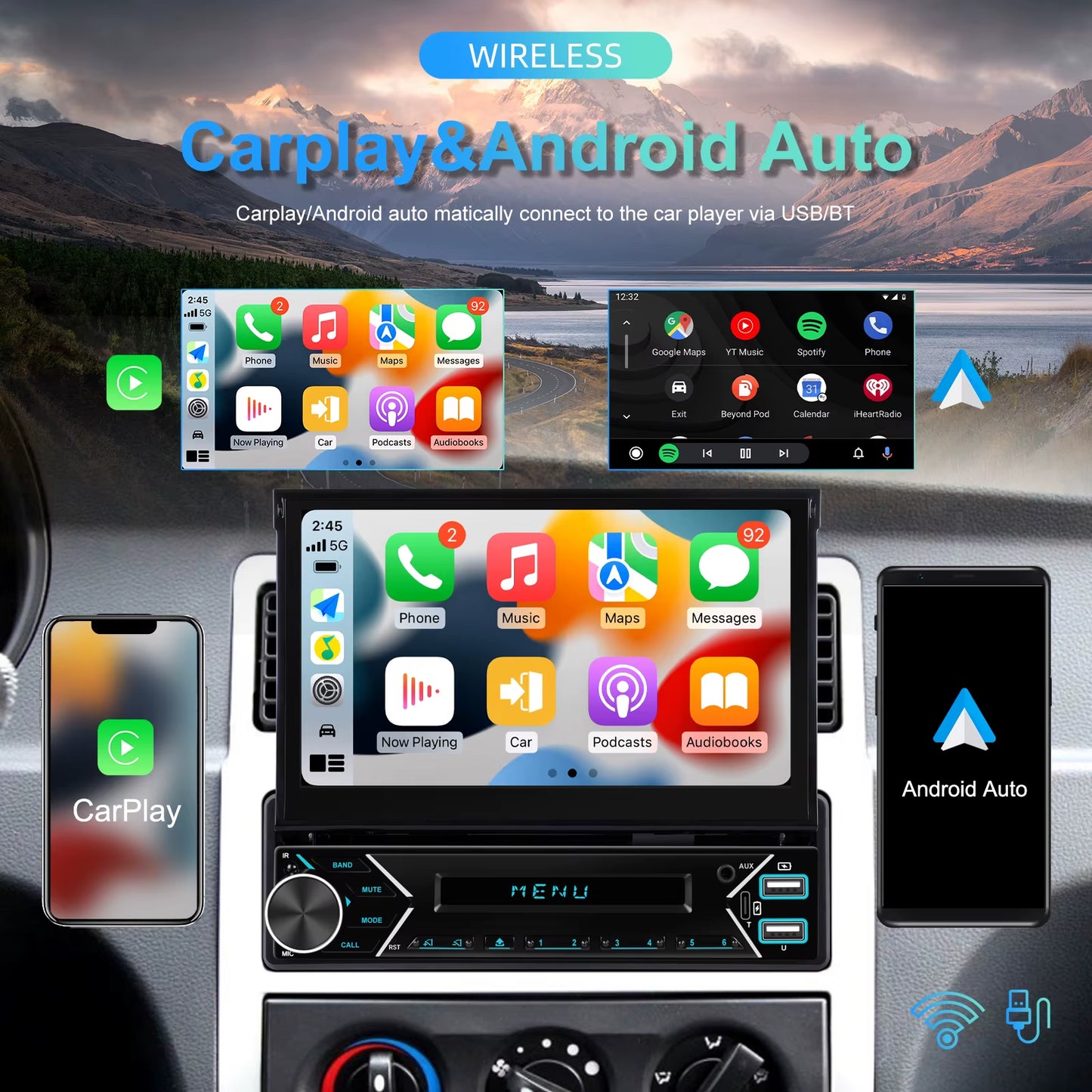 1DIN 7" HD Retractable Touch Screen Universal Car MP5 Player Bluetooth FM Radio Carplay Android Auto Electric Telescopic