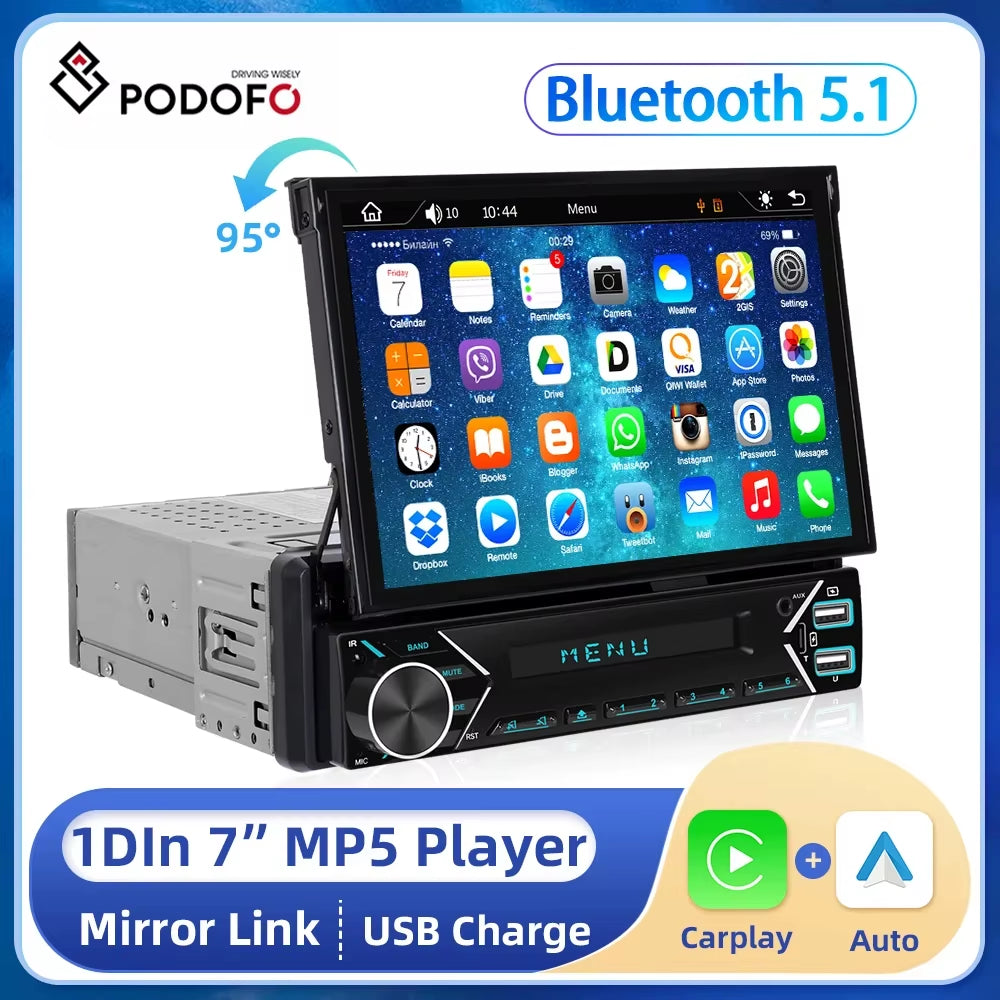1DIN 7" HD Retractable Touch Screen Universal Car MP5 Player Bluetooth FM Radio Carplay Android Auto Electric Telescopic