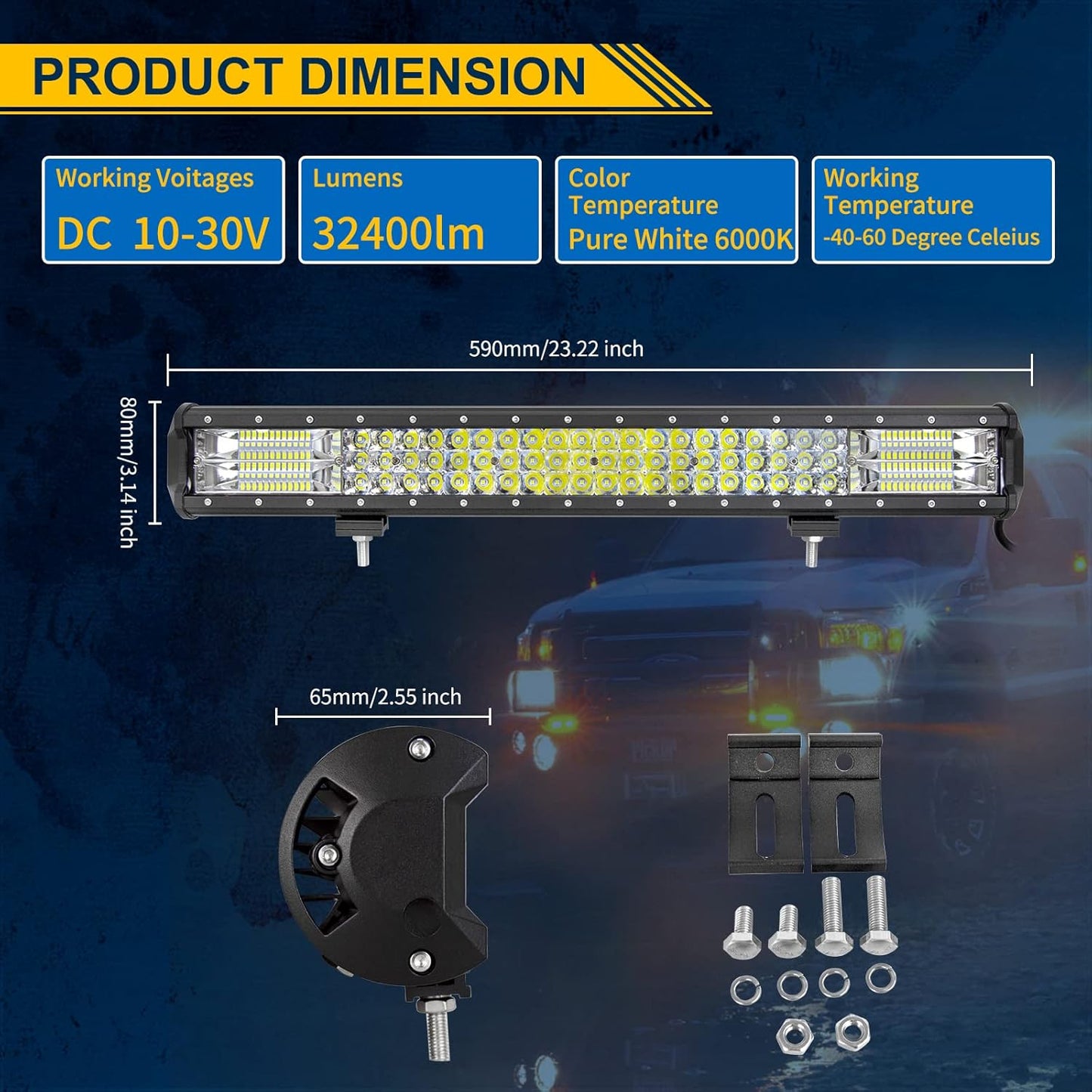 55 Cm 324W Triple Rangée 7D Barre Lumineuse LED De Travail Spot Inondation Combo Faisceau DC 12V-24V 6000K Offroad Véhicules 4X4 ATV Utvs