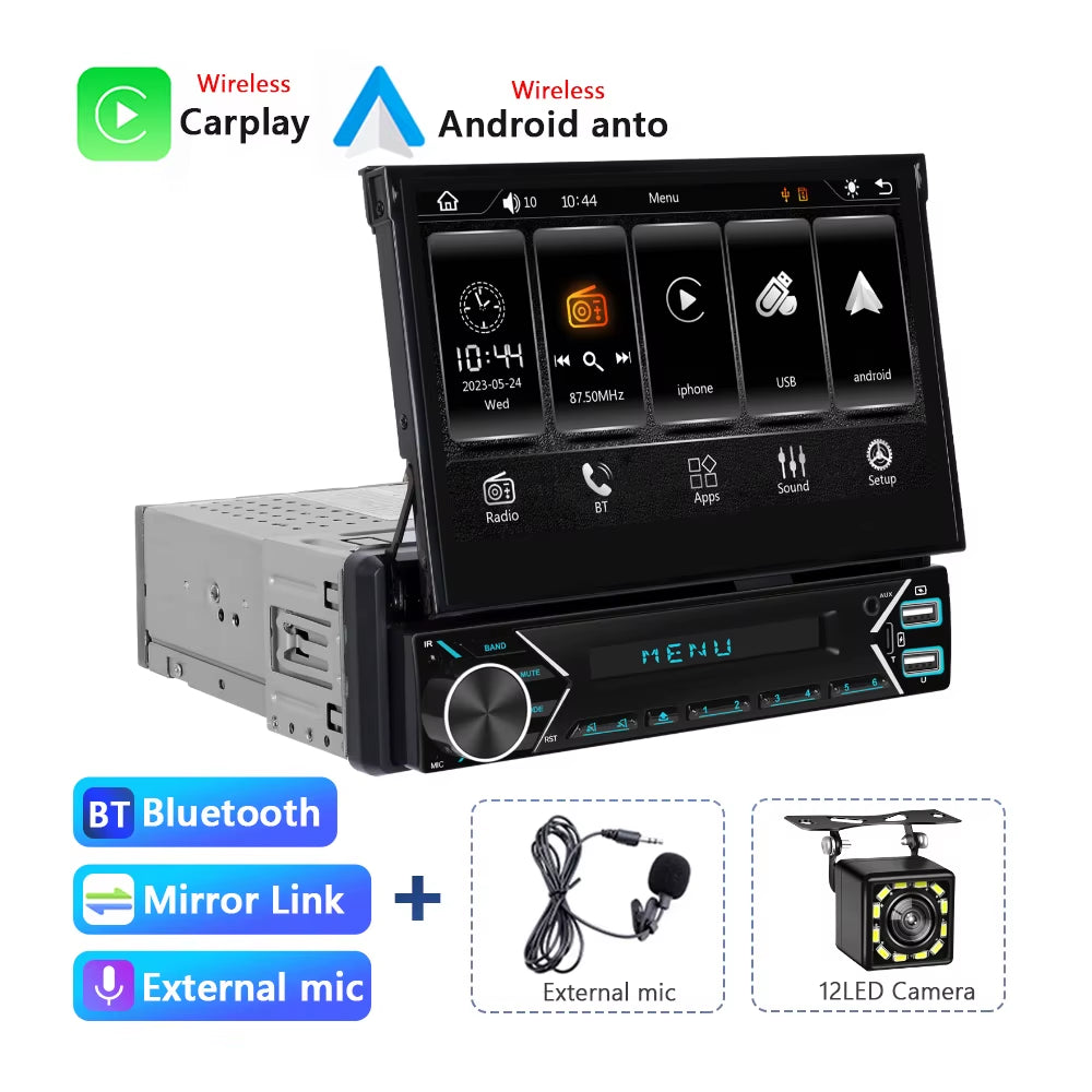 1DIN 7" HD Retractable Touch Screen Universal Car MP5 Player Bluetooth FM Radio Carplay Android Auto Electric Telescopic