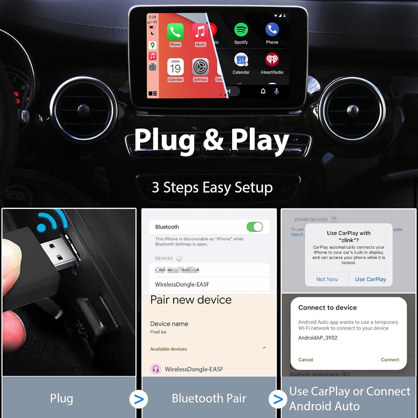 Autonano Adaptateur USB Carplay Sans Fil, Adaptateur Automatique Android, Facile Plug & Play, Compatible Avec Les Voitures Ă Partir De 2016 Et Iphone Android Phone 2024 Mise Ă Niveau