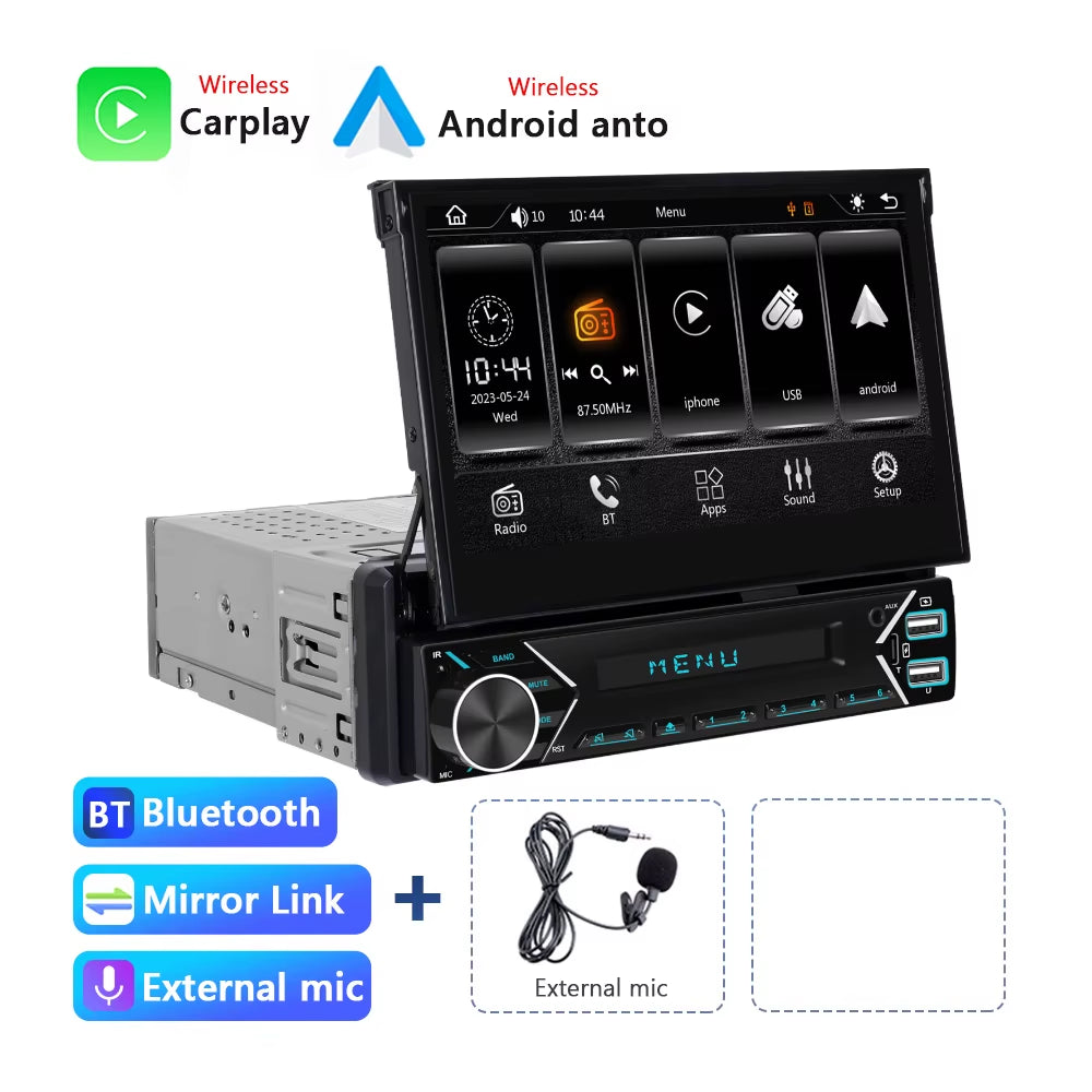 1DIN 7" HD Retractable Touch Screen Universal Car MP5 Player Bluetooth FM Radio Carplay Android Auto Electric Telescopic