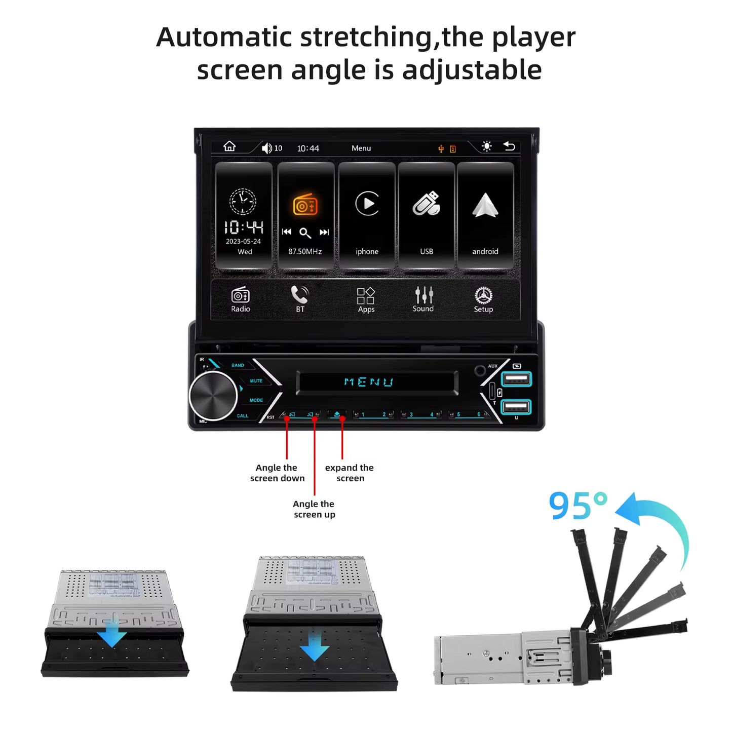 1DIN 7" HD Retractable Touch Screen Universal Car MP5 Player Bluetooth FM Radio Carplay Android Auto Electric Telescopic
