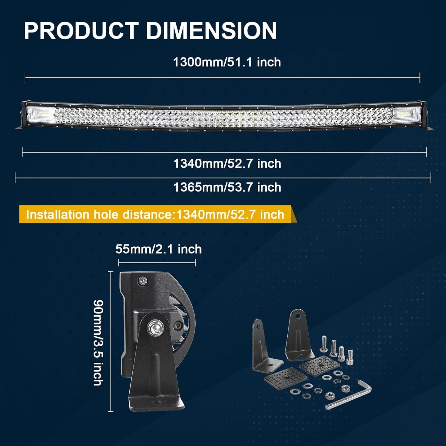 130 Cm 52 Pouces 675W Incurvée LED Light Barre Avec 12V Stroboscopique Faisceau De Câblage Kit, Barre D'Éclairage LED, Feu Antibrouillard Pour Offroad Véhicules Voiture Camions 4X4,6000K