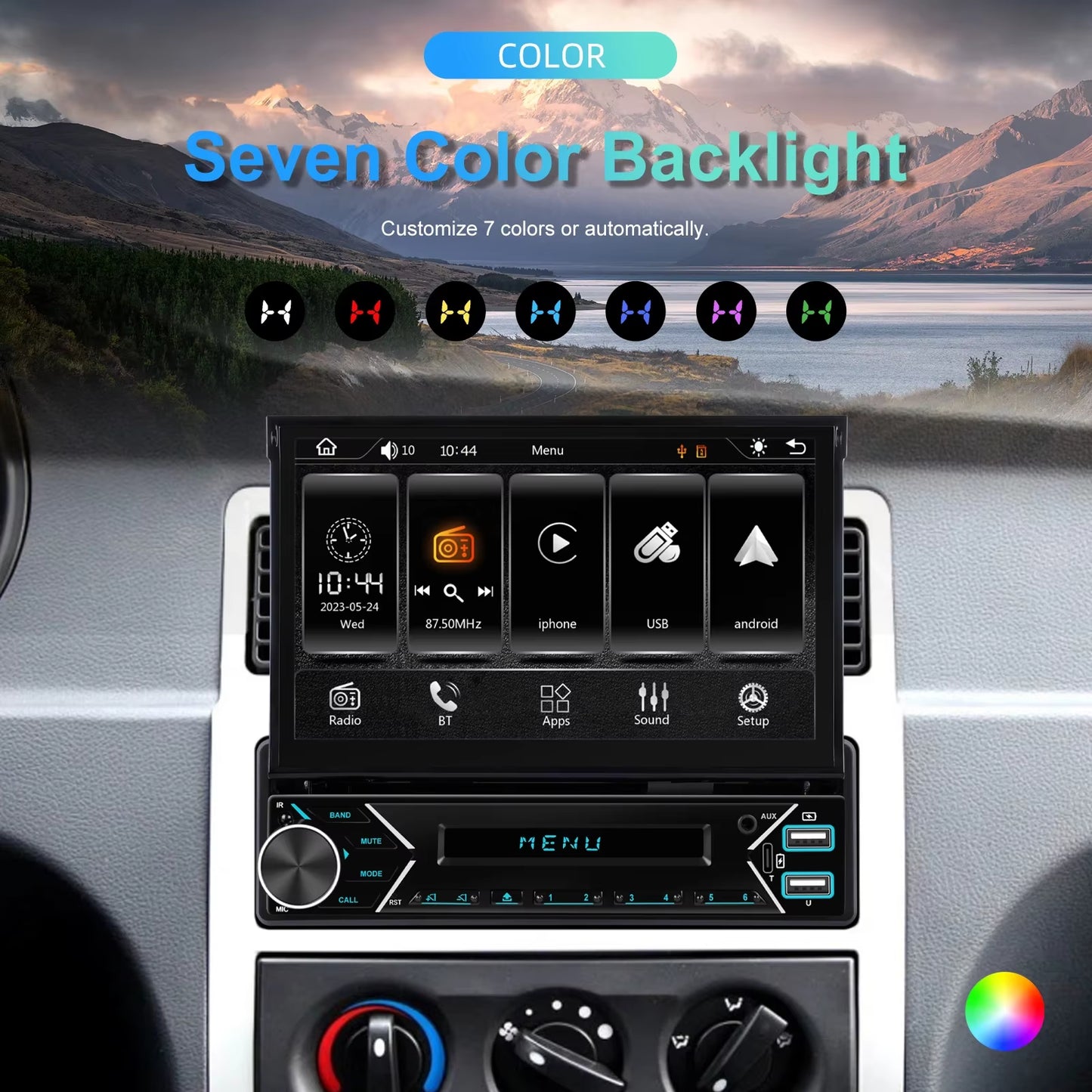 1DIN 7" HD Retractable Touch Screen Universal Car MP5 Player Bluetooth FM Radio Carplay Android Auto Electric Telescopic