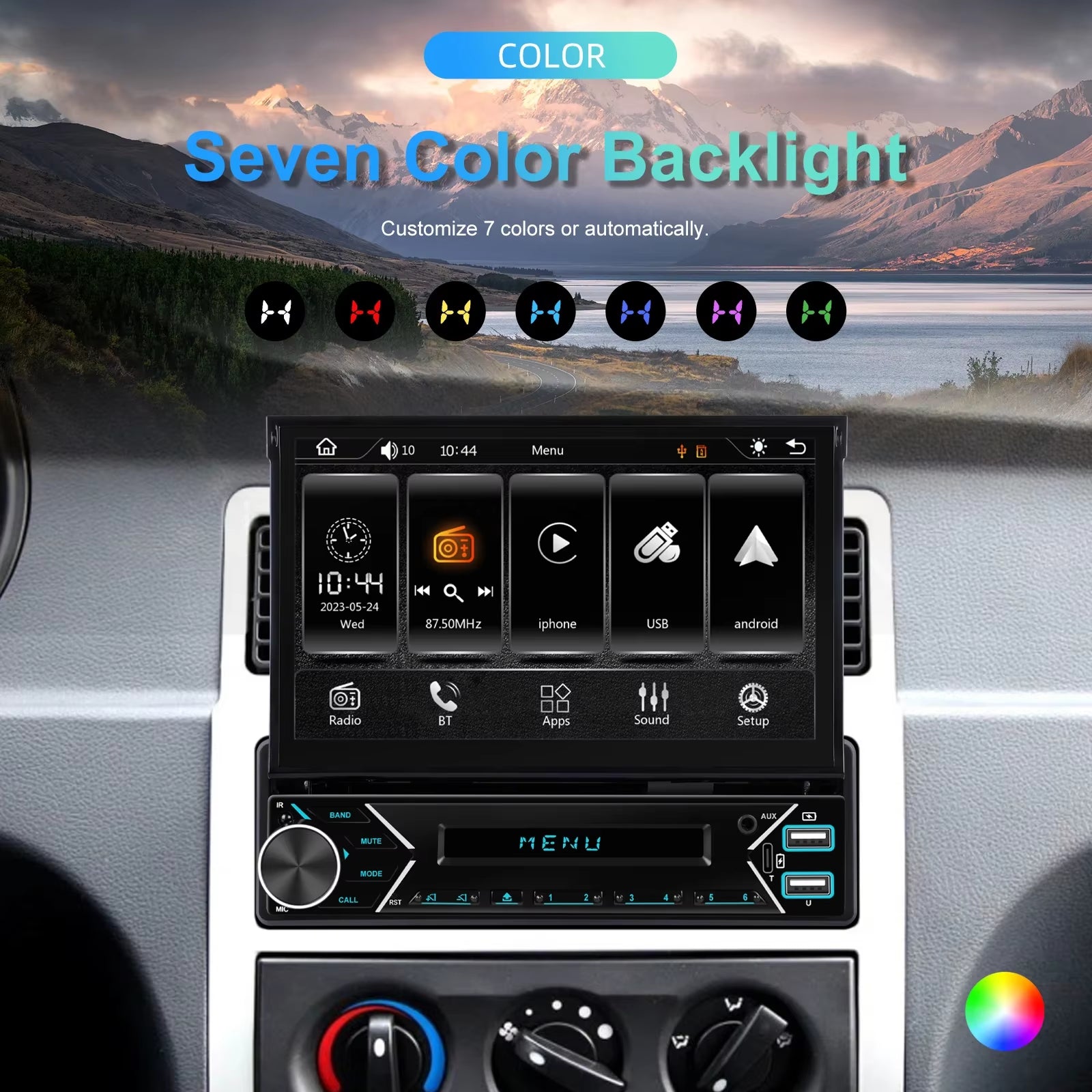 1DIN 7" HD Retractable Touch Screen Universal Car MP5 Player Bluetooth FM Radio Carplay Android Auto Electric Telescopic
