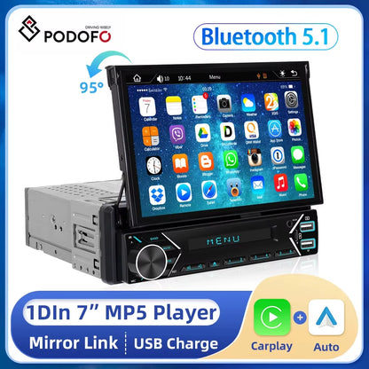 1DIN 7" HD Retractable Touch Screen Universal Car MP5 Player Bluetooth FM Radio Carplay Android Auto Electric Telescopic