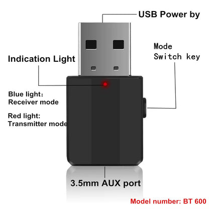 USB Bluetooth-Compatible 5.0 Receiver Transmitter 3.5Mm Car Audio Adapter TV Computer Wireless 2-In-1 Converter Plug and Play